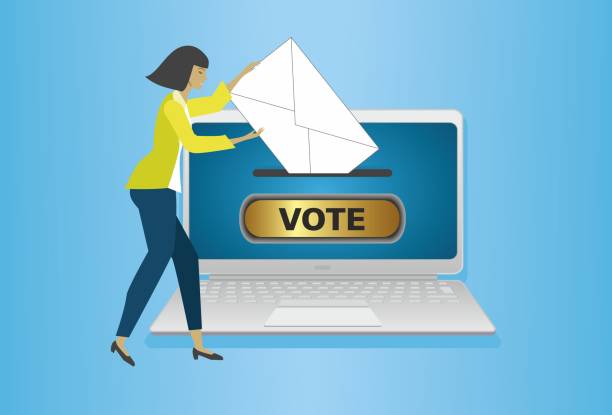 Online voting. Woman leaving here vote for elections. Concept with people in different situations. EPS10. electronic voting stock illustrations