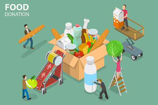 3D Isometric Flat Vector Conceptual Illustration of Food Donation, Poor People Support, Volunteering and Charity.