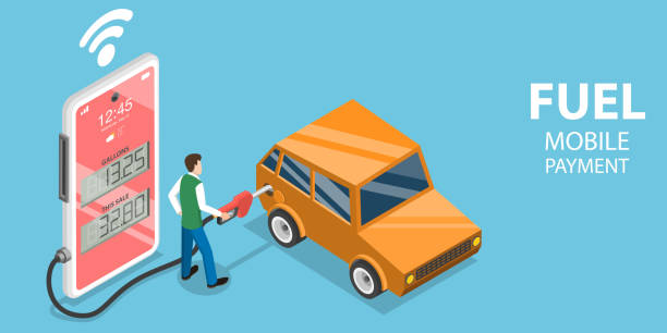 ilustrações de stock, clip art, desenhos animados e ícones de 3d isometric flat vector conceptual illustration of fuel mobile payment. - isometric gas station transportation car