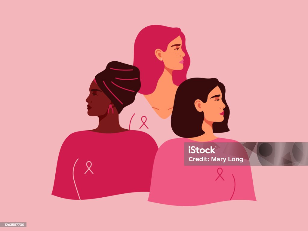 Tres mujeres con cintas rosas de diferentes nacionalidades juntas. Cáncer de mama - arte vectorial de Cáncer de mama libre de derechos