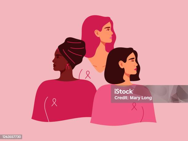Три Женщины С Розовыми Лентами Разных Национальностей Стоят Вместе Рак Молочной Железы — стоковая векторная графика и другие изображения на тему Рак груди