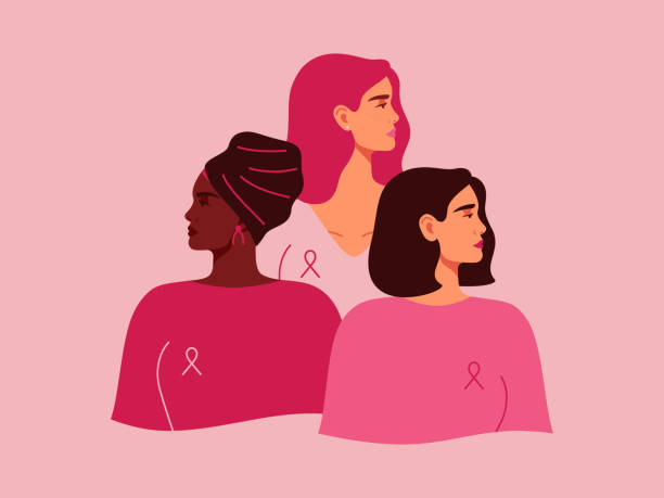 Three women with pink ribbons of different nationalities standing together. Breast cancer Three women with pink ribbons of different nationalities standing together. Breast cancer awareness prevention month. Concept of support and solidarity with females fighting oncological disease breast cancer stock illustrations
