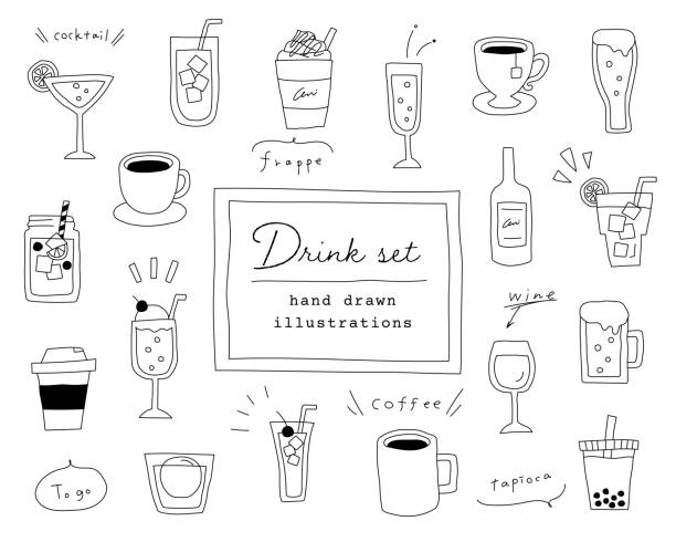 손으로 그린 음료 일러스트레이션 세트 - wineglass cup soda vector stock illustrations