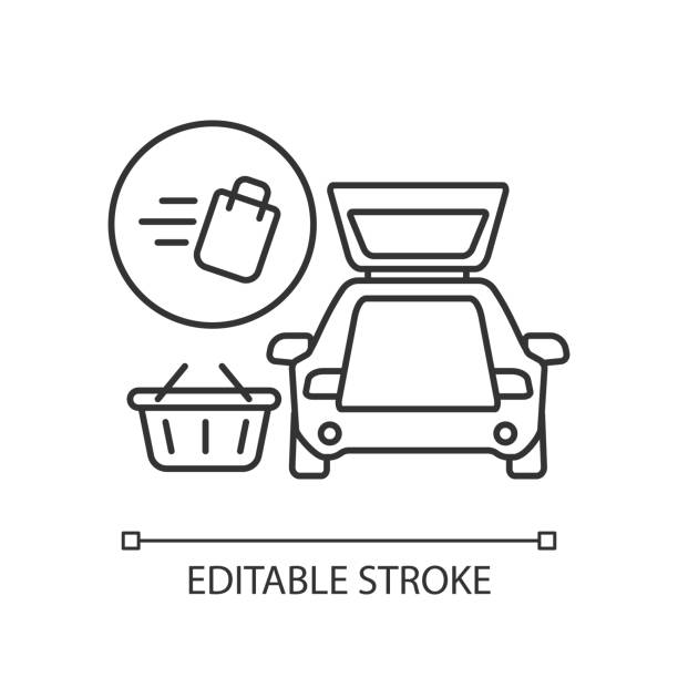 Curbside pickup pixel perfect linear icon Curbside pickup pixel perfect linear icon. Food delivery. Delivering groceries by automobile. Thin line customizable illustration. Contour symbol. Vector isolated outline drawing. Editable stroke curbsidepickup stock illustrations