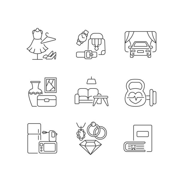 Shopping mall categories pixel perfect linear icons set Shopping mall categories pixel perfect linear icons set. Leather accessories. Drive in movie theater. Customizable thin line contour symbols. Isolated vector outline illustrations. Editable stroke categories vector stock illustrations