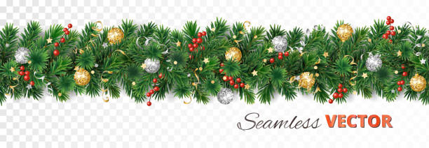 Vector Christmas decoration. Pine tree garland with ornaments Seamless Christmas tree garland isolated on white. Realistic pine tree branches with red holly berry, gold and silver ornaments.Vector border decoration for holiday banners, posters, cards, promotions christmas decoration stock illustrations
