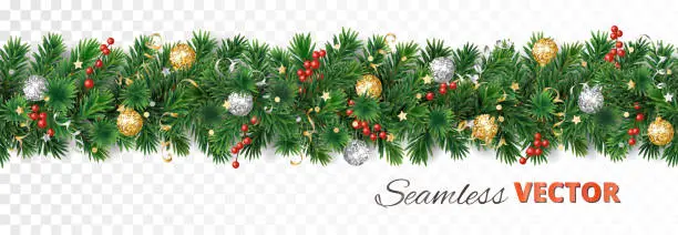 Vector illustration of Vector Christmas decoration. Pine tree garland with ornaments