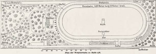 Plan of the velodrome in Halle, Germany Illustration from 19th century penny farthing bicycle stock illustrations
