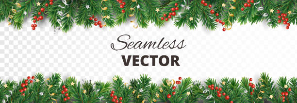 ilustrações de stock, clip art, desenhos animados e ícones de vector christmas decoration. christmas tree border with holly berries. - christmas tree christmas holly holiday