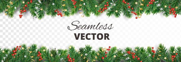 Vector Christmas decoration. Christmas tree border with holly berries. Seamless Christmas decoration isolated on white. Vector holiday border, frame. Gold and silver ornaments. Red holly berry on pine tree branches. For celebration banners, headers, posters. garland stock illustrations