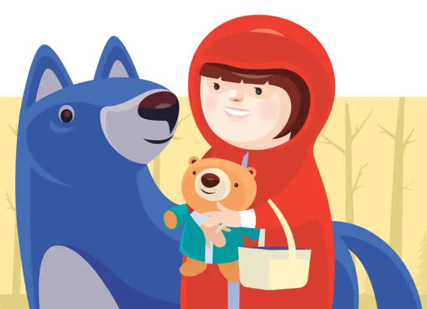 Vector illustration of little girl holding teddy bear with wolf