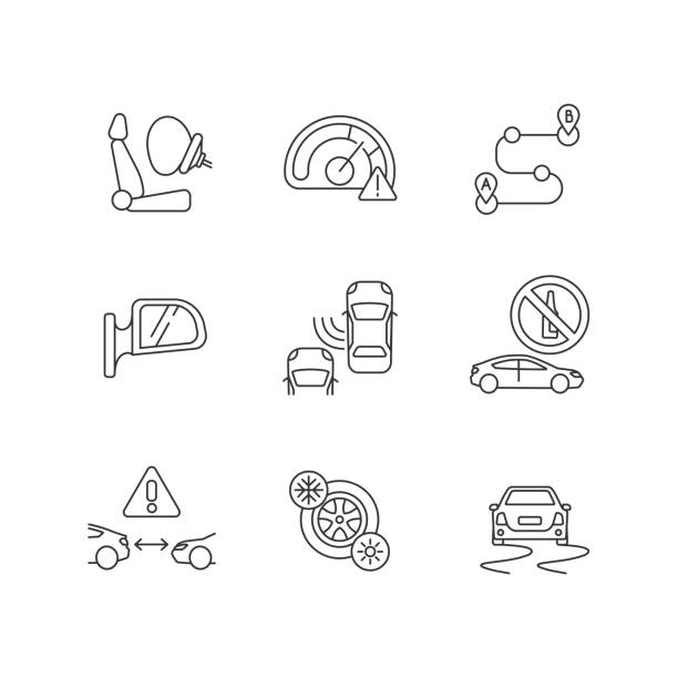 Safe driving pixel perfect linear icons set Safe driving pixel perfect linear icons set. Car travel risks warning, driver precautions customizable thin line contour symbols. Isolated vector outline illustrations. Editable stroke mirror object drawings stock illustrations