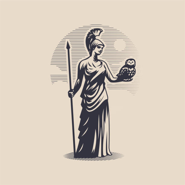 Goddess Athena or Minerva. Goddess Athena or Minerva. Woman in a tunic and helmet. A spear in one hand, an owl in the other. roman goddess of wisdom stock illustrations