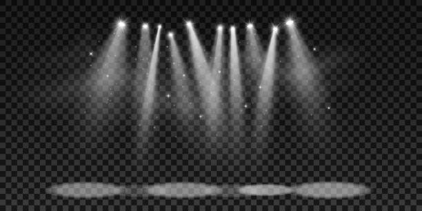istock Spotlights isolated on a dark transparent background. Elements for show and stage. Party background. Night disco. Vector illustration. 1263565012