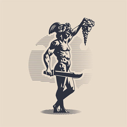 God Perseus. A man in a helmet with wings. In one hand the head of Medusa Gorogona in the other hand a sword.