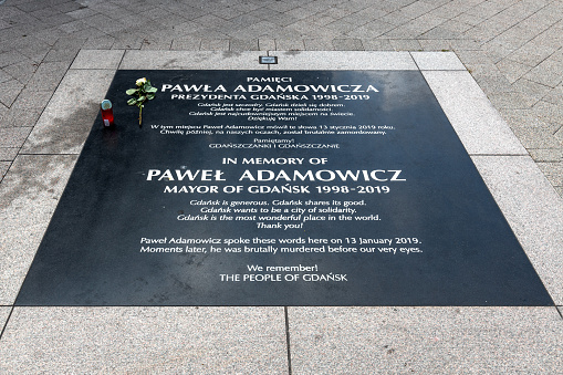 Gdansk, Pomerania / Poland - 2020/07/14: Memorial of Pawel Adamowicz, major of Gdansk, in place of mortal public assassination attempt on January 13, 2019 at Targ Weglowy street of Old Town