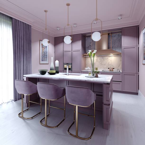 istock kitchen counter with three chairs in lilac color in a trendy modern interior style. 1263565534