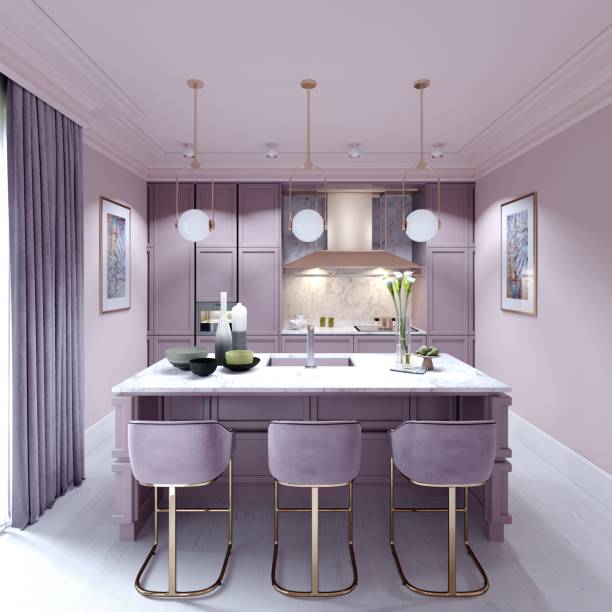 istock kitchen counter with three chairs in lilac color in a trendy modern interior style. 1263566103