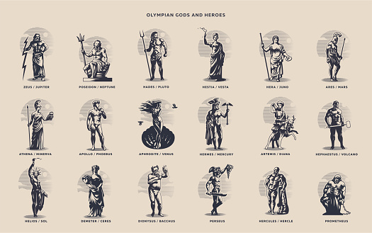 Olympic heroes. Greek and Roman gods. Zeus, Poseidon, Hades, Artemis, Ares, Venus.