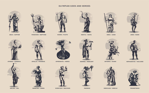 Olympic heroes. Greek and Roman gods Olympic heroes. Greek and Roman gods. Zeus, Poseidon, Hades, Artemis, Ares, Venus. goddess stock illustrations
