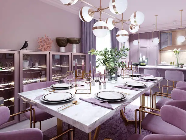 Lilac color dining room in trendy art deco style with modern furniture, served table and chairs. 3D rendering.