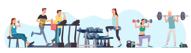 Men & women athletes doing exercises & training at gym set. Sporty people working out lifting dumbbells & weight, jogging on treadmill. Sport, wellness, workout, run, fitness. Flat vector illustration Men & women athletes doing exercises & training at gym set. Sporty people working out lifting dumbbells & weight, jogging on treadmill. Sport, wellness, workout, run, fitness. Flat style vector isolated illustration gym illustrations stock illustrations