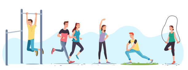 Men & women athletes doing exercises & working out outdoors set. People training, street workout equipment, jogging, stretching body, skipping rope. Sport, fitness & running. Flat vector illustration Men & women athletes doing exercises & working out outdoors set. People training, street workout equipment, jogging, stretching body, skipping rope. Sport, fitness & running. Flat style vector isolated illustration cartoon of the physical fitness stock illustrations