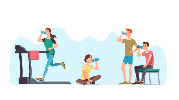 hydration-set. männer & frauen athleten, die übungen & ruhen trinkwasser. sportler trainieren, trainieren, joggen auf dem laufband, sitzen & entspannen. sport & wellness. flache vektor-illustration - treadmill gym isolated running stock-grafiken, -clipart, -cartoons und -symbole