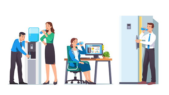 Business men & women drinking water in office set. Workers people relaxing, quenching thirst & hydrating at workplace, water cooler, fridge. Break, beverage & refreshment. Flat style vector isolated illustration