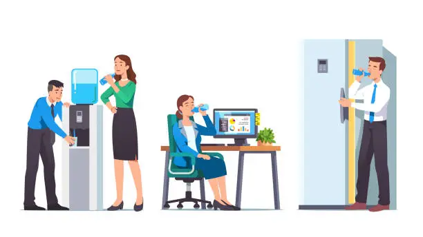 Vector illustration of Business men & women drinking water in office set. Workers people relaxing, quenching thirst & hydrating at workplace, water cooler, fridge. Break, beverage & refreshment. Flat vector illustration