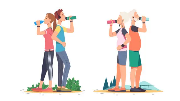 Vector illustration of Elderly and young man, woman couples standing, resting, drinking water after training run outdoors. Sporty people in sportswear listening to music hydrating. Sport & wellness. Flat vector illustration