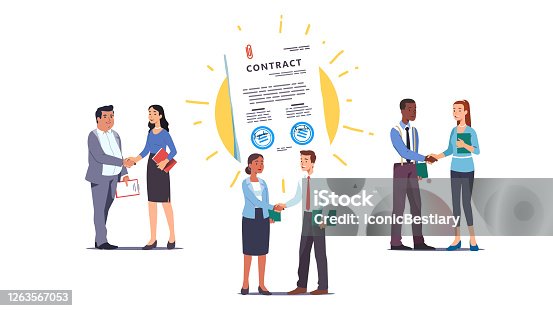 istock Business men & women people shaking hands over contract reaching agreement, holding signed papers set. Successful partners standing & closing deal. Partnership & handshake. Flat vector illustration 1263567053