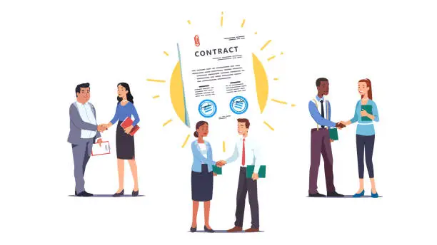 Vector illustration of Business men & women people shaking hands over contract reaching agreement, holding signed papers set. Successful partners standing & closing deal. Partnership & handshake. Flat vector illustration