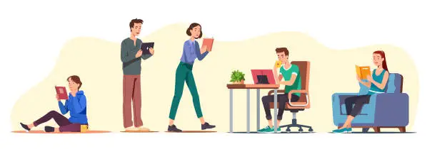 Vector illustration of Men & women students reading paper & digital books while sitting, walking, standing. Reading home in armchair, at desk, on floor set. People studying, education, literature. Flat vector illustration