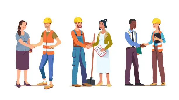 Vector illustration of Business person woman shaking hand closing deal with contractor worker or foreman wearing hard hat. Commercial construction building agreement. Contract handshake with builder man. Flat vector illustration