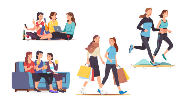 Female friends spending time together set. Women people enjoying jogging, shopping, sitting, chatting, drinking tea, wine & using gadgets. Women friendship & communication. Flat vector illustration Female friends spending time together set. Women people enjoying jogging, shopping, sitting, chatting, drinking tea, wine & using gadgets. Women friendship & communication. Flat style vector isolated illustration buying liquor stock illustrations