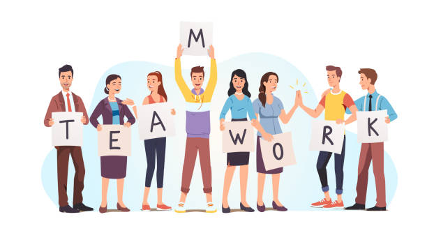 Business team men, women colleagues hold teamwork word letters celebrate company achievements. Successful people group stand together. Staff cooperation & teamwork concept. Flat vector illustration Business team men, women colleagues hold teamwork word letters celebrate company achievements. Successful people group stand together. Staff cooperation & teamwork concept. Flat style vector isolated illustration people working together clip art stock illustrations