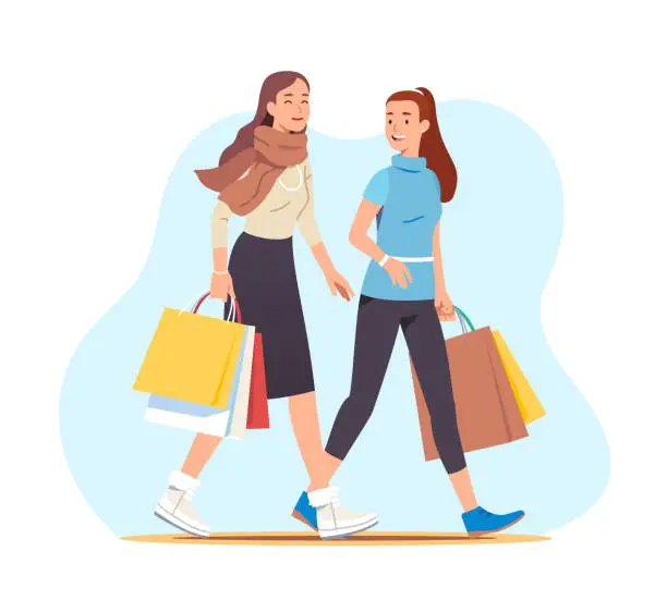 Vector illustration of Girls enjoying shopping. Two happy smiling beautiful women walking together holding many shopping bags. Shopper ladies with satisfied looks on their faces talking. Flat vector character illustration