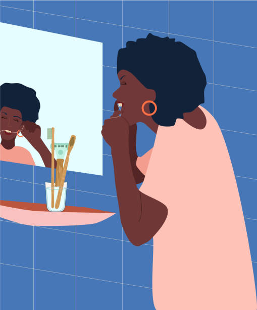 stockillustraties, clipart, cartoons en iconen met de jonge afroamerican vrouw borstelt haar tanden met tandzijde in de badkamers. tandheelkundig en orthodontisch dagelijks levenconcept. mondzorg. - tandenpoetsen vrouw