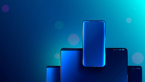 istock Phone front view no frame hanging over screen tablet and laptop. Mock up cellphone for ui ux design app. Mockup realistic beautiful smartphone with glass touch screen. Background of mobile technology 1263567195