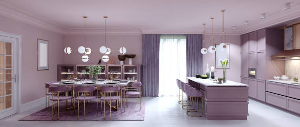 istock Fashionable kitchen interior with dining room in lilac color. 1263567211