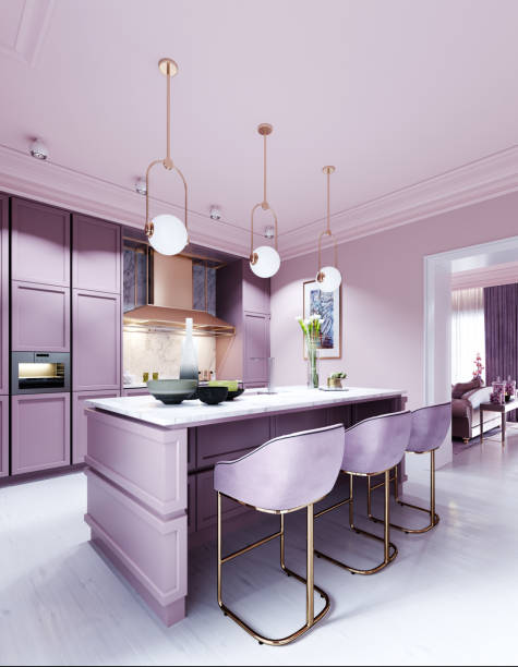 istock kitchen counter with three chairs in lilac color in a trendy modern interior style. 1263568085