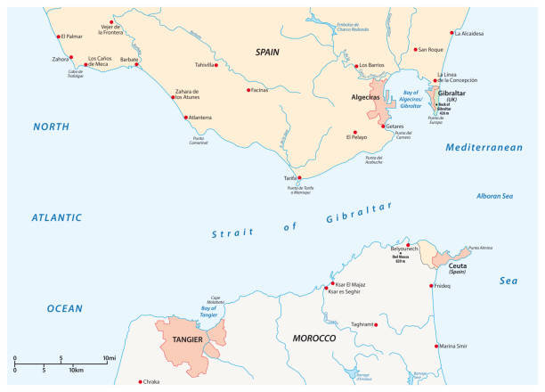 Strait of Gibraltar, waterway between Spain and Morocco vector map Strait of Gibraltar, waterway between Spain and Morocco vector map ceuta map stock illustrations
