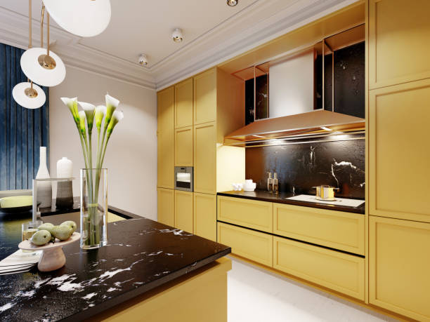 istock Fashionable and modern kitchen in yellow with a kitchen island and bar stools. Inter in blue and yellow. 1263570013