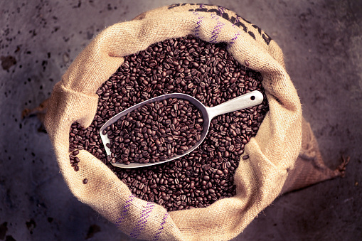 High angle view of dark-roasted coffee bean-filled scoop in bag