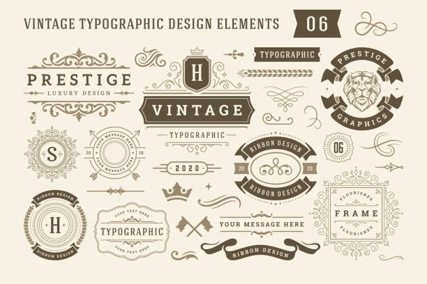 Vintage typographic design elements set vector illustration Vintage typographic design elements set vector illustration. Labels and badges, retro ribbons, luxury ornate logo symbols, calligraphic swirls, flourishes ornament vignettes and other. scrolling stock illustrations