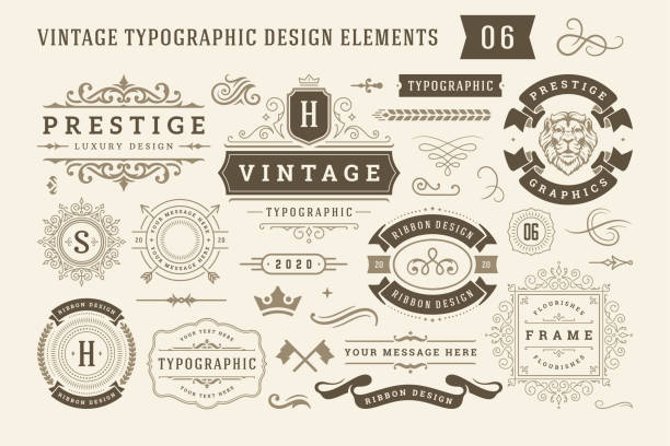 Vintage typographic design elements set vector illustration Vintage typographic design elements set vector illustration. Labels and badges, retro ribbons, luxury ornate logo symbols, calligraphic swirls, flourishes ornament vignettes and other. filigree border stock illustrations