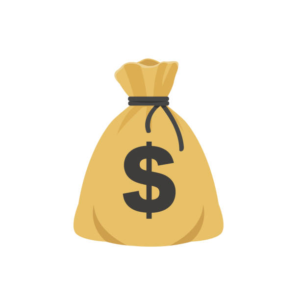 ikona wektora torby na pieniądze, moneybag płaska prosta ilustracja z kreskówki z czarnym sznurkiem i znakiem dolara odizolowanym na białym tle - money bag currency financial item bag stock illustrations
