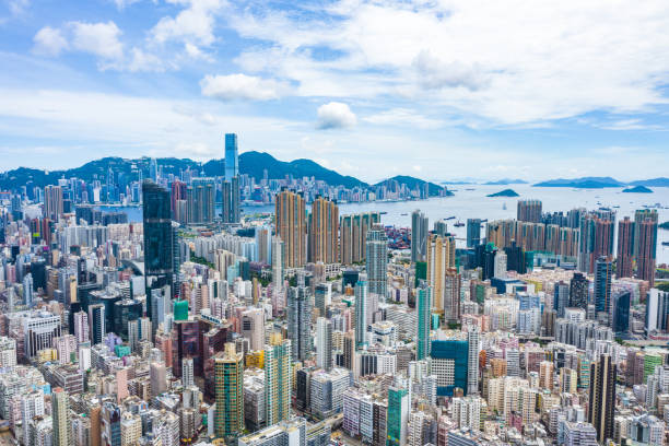 hong kong skyline, kowloon district - land development aerial view planning imagens e fotografias de stock