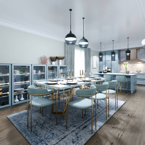 istock Fashionable dining room design with dining table and chairs for eight. Dining room interior in mint colors. 1263574541